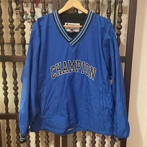 CHAMPION Vintage 90s Blue Nylon V-Neck Pullover Spell Out Windbreaker Size M